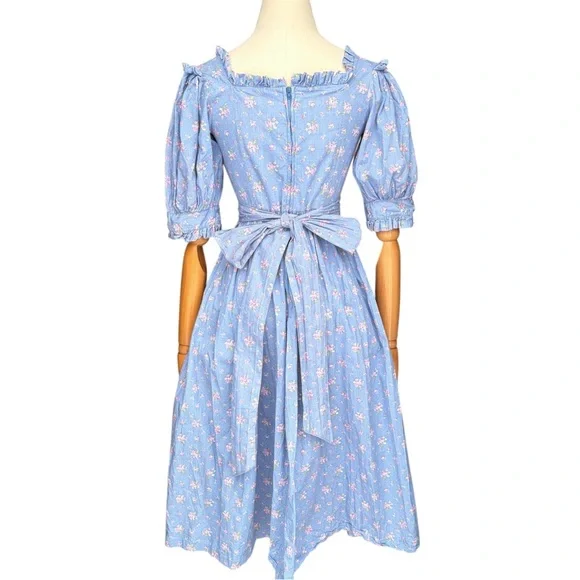 RARE Laura Ashley Blue Floral Cotton Puff Sleeve Cottagecore Prairie Midi Dress - Picture 2 of 10